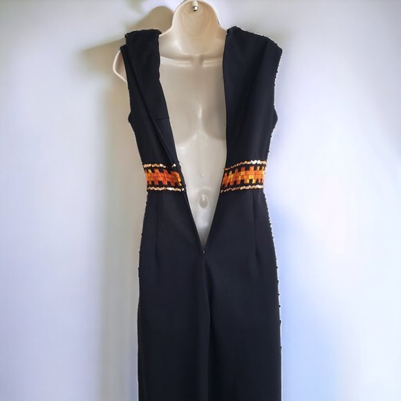 Vintage 70s black maxi dress with yellow/orange woven trim and gold sequins - Picture 7 of 8